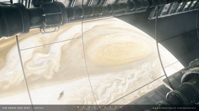 This is the view from a spacecraft in orbit around Jupiter, looking down at the Great Red Spot from Erik Wernquist's "Wanderers."