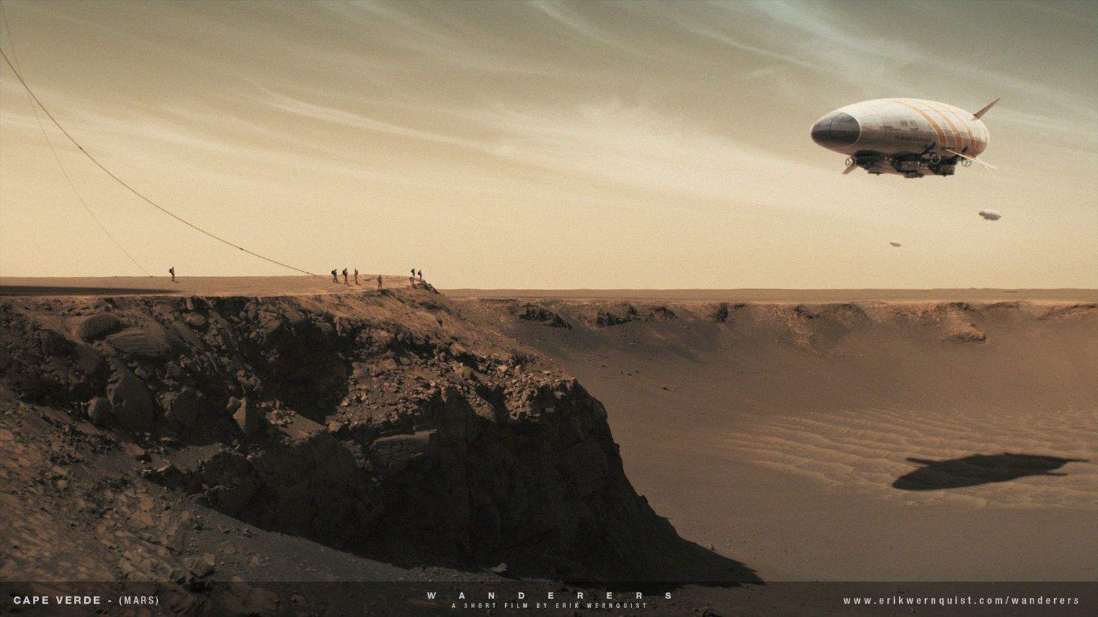 A group of people await the arrival of a few dirigibles at the edge of the Victoria Crater on Mars in Erik Werquist's short film 