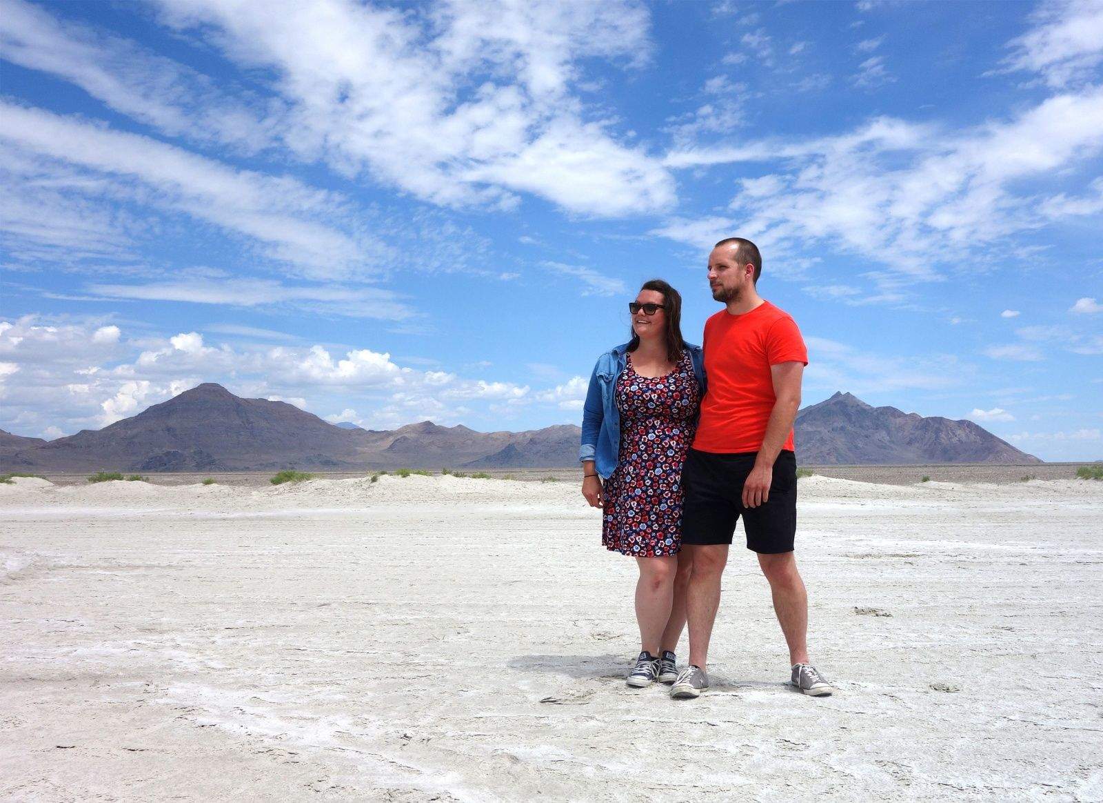 UX designers Holly Kennedy and James Turner run their business from the road as they travel the world. Here, the couple stand in the Bonneville Salt Flats in Utah during an American leg of their travels. Photo courtesy of Kennedy and Turner