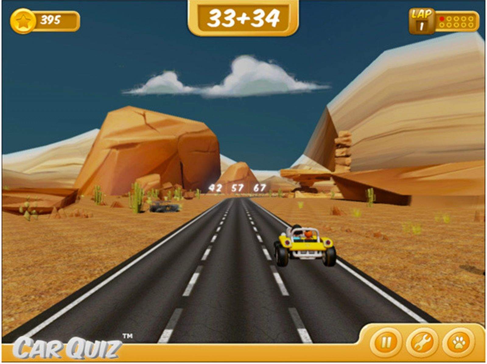 A scene from the math game CarQuiz, which asks drivers to answer math questions, swiping a finger to move to the lane with the correct answer. Photo: Smile More Studios