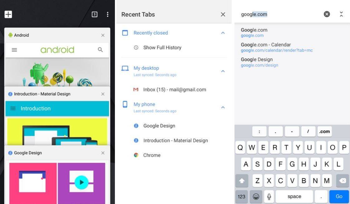 Chrome's fancy new look on iOS. Screenshots: Google