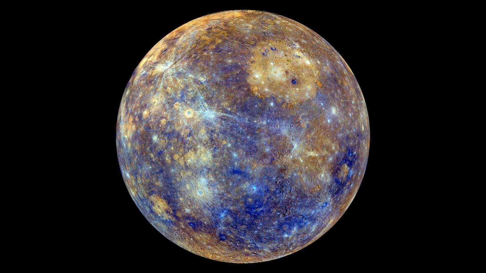 This  view of Mercury was produced by using images from the color base map imaging campaign during MESSENGER's primary mission. These colors are not what Mercury would look like to the human eye, but rather the colors enhance the chemical, mineralogical, and physical differences between the rocks that make up Mercury's surface. Photo: NASA/Johns Hopkins University Applied Physics Laboratory/Carnegie Institution of Washington