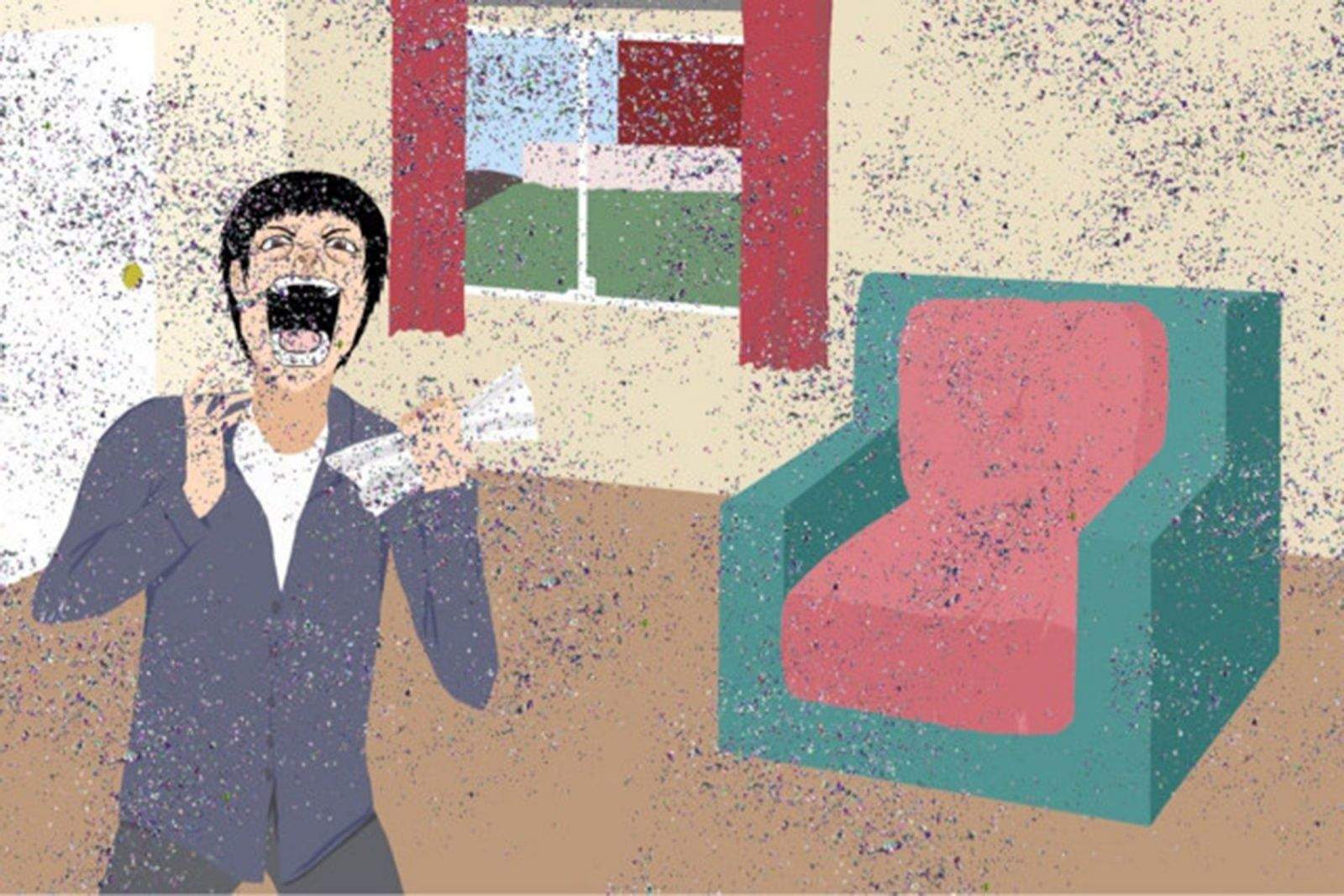 An illustration for the website shipyourenemiesglitter.com depicts the anger that ensues when opening an envelop full of glitter sent by a prankster.