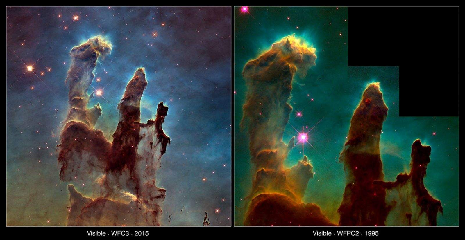 Two views of the Eagle Nebula from the Hubble Space Telescope, one from 2014, left, and the first in 1995. Photo courtesy of NASA and the European Space Agency