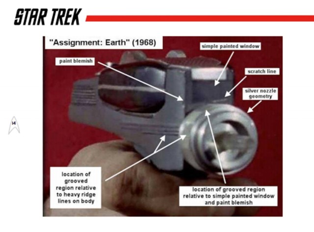 A page from the auction catalog shows a close-up of the phaser from a Star Trek episode and details visually matched to the prop up for bid. Photo: Propworx