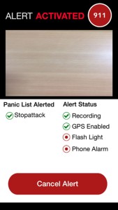 Screen showing STOP-ATTACK with audio/video recording underway and alerts sent out.