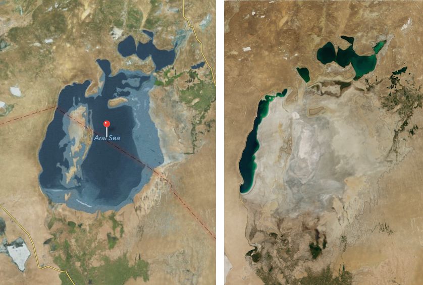 Apple's Aral Sea on left, NASA latest image on right. Photo: Cult of Mac