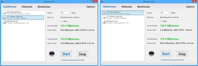 Speed test results: Pocket SSD (left) versus 1TB Western Digital HDD. Screenshots: Cult of Mac