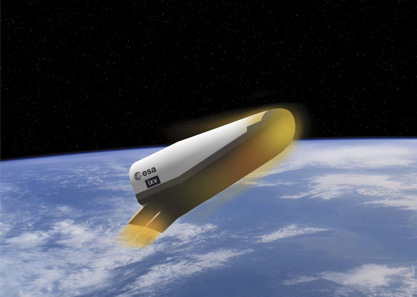An illustration shows the European Space Agency's Spaceplane on re-entry. A test launch is scheduled for Feb. 11. Illustration: J. Huart/ESA