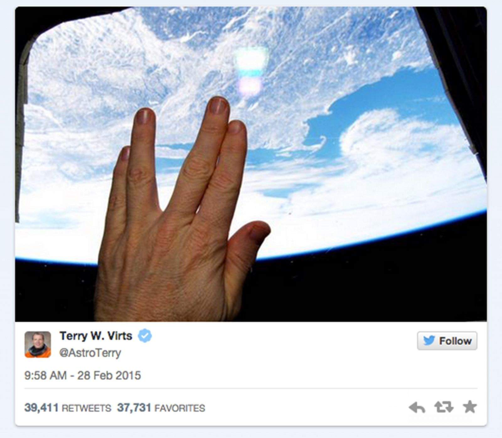 Astronaut Terry Virts tweeted from the International Space Station this special salute to the late Leonard Nimoy. Photo: Terry Virts/Twitter