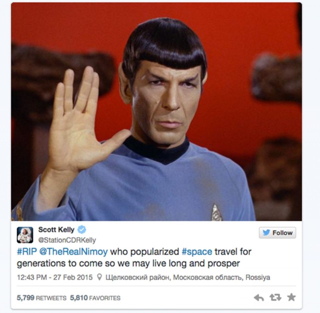 Astronaut Scott Kelly tweeted a farewell message to Leonard Nimoy. Photo: Scott Kelly/Twitter