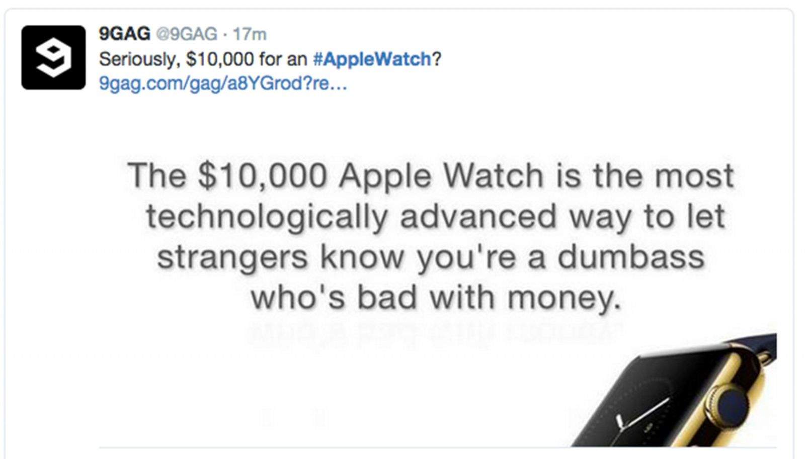 Twitter wasted no time in reacting to the new Apple Watch with many critical of the luxury model. Photo: Twitter