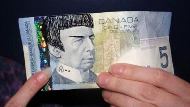 Canadians are honoring Nimoy's Mr. Spock by drawing altering the $5 bill to look like the great Star Trek character. Photo: Naomi Leight/Twitter