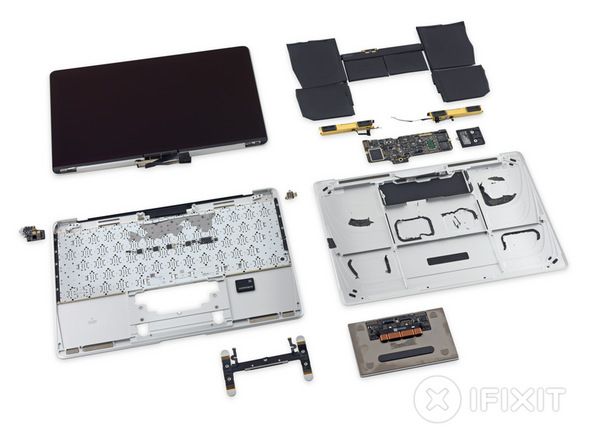 The new MacBook in pieces. Photo: iFixit
