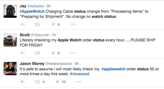 A sampling of Tweets from people excited about the status change on their Apple Watch order. Photo: Screen shot/Twitter