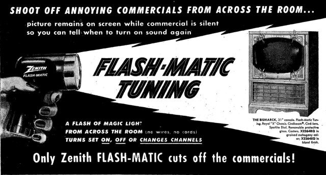 A magazine ad for Zenith's first wireless remote control, the Flash-matic.
