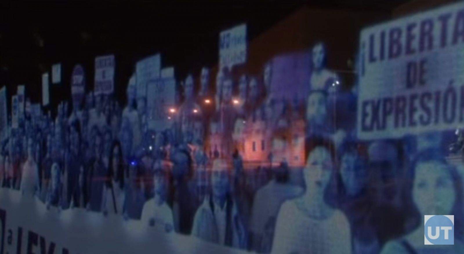 New laws in Spain would criminalize certain forms of protest so human rights groups rallied in holographic form. Photo: Ukraine Today/YouTube