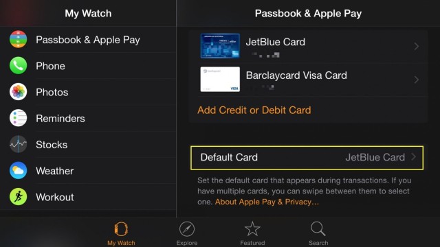 Tap here to set the card Apple Pay will use by default on your Apple Watch