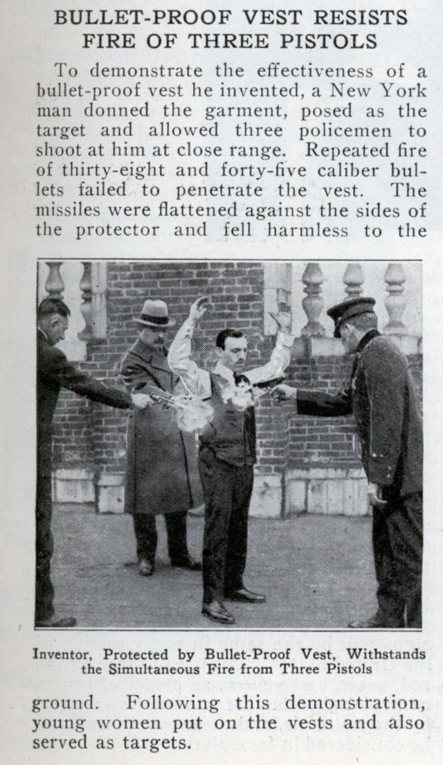 New York City police test an early version of the bulletproof vest.