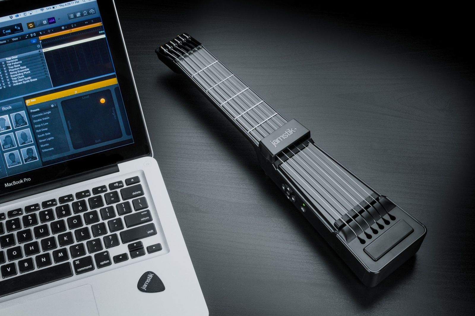 The newest Jamstik smart guitar has a magnetic pickup and Bluetooth technology.