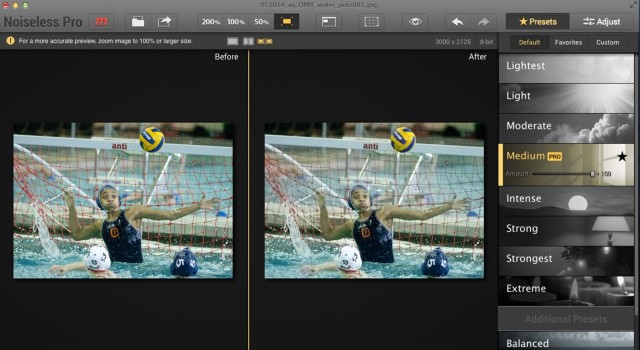 To shoot in the low light of this indoor swimming pool and with a high enough shutterspeed to stop the action, I had to bump my ISO to 6400, creating some noise in the image on the left.