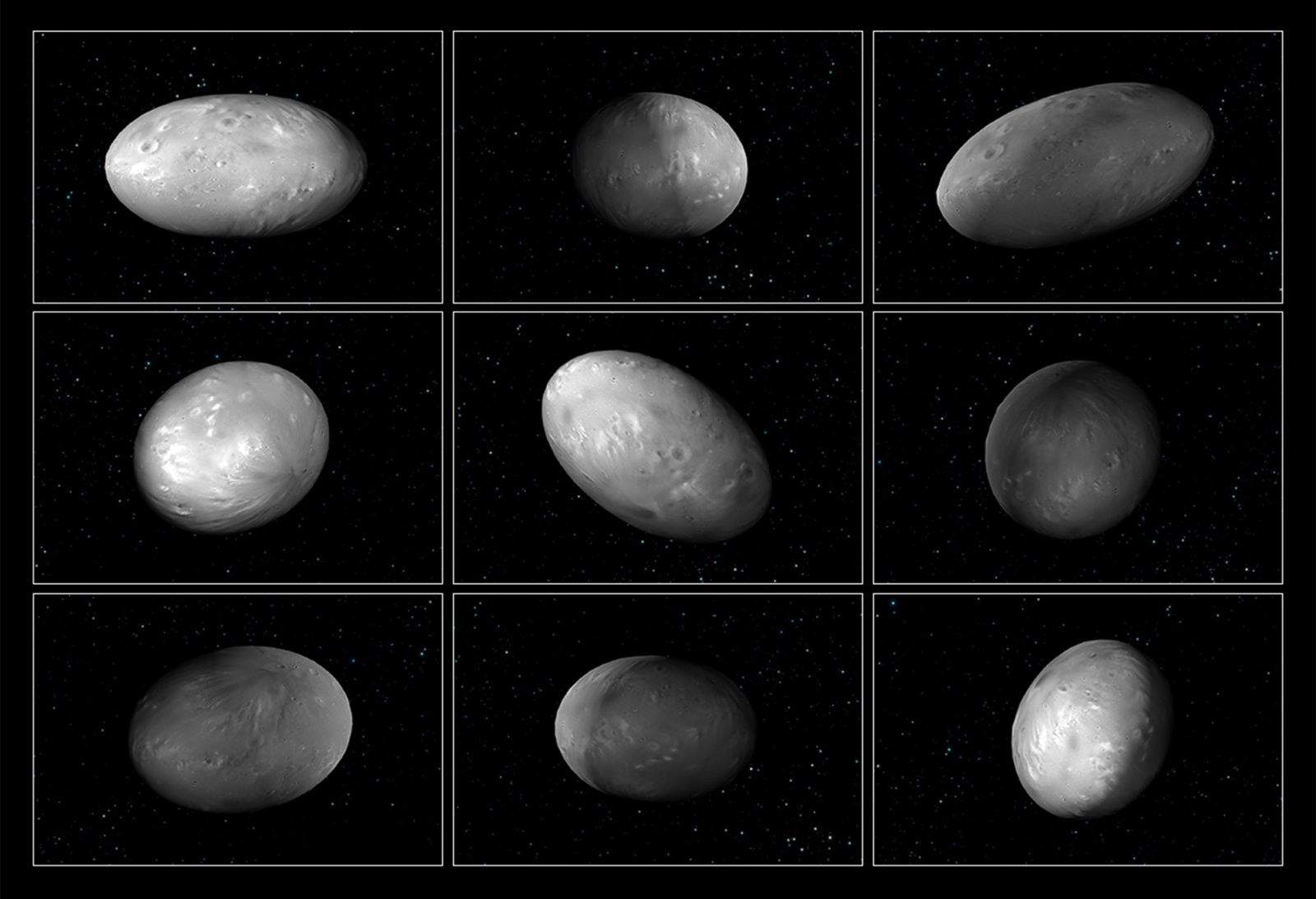 An artist's rendering shows the wobbble and oblong shape of Pluto's moon, Nix.