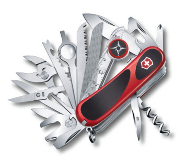 A modern Swiss Army Knife, the EvoGrip S54, features 31 implements. A modern Swiss Army Knife, the EvoGrip S54, features 31 implements.
