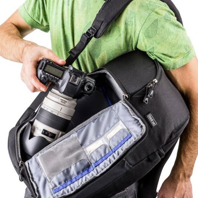 ThinkTanks Trifect backpack lets you grab gear without having to take the bag off your shoulders. ThinkTanks Trifect backpack lets you grab gear without having to take the bag off your shoulders.