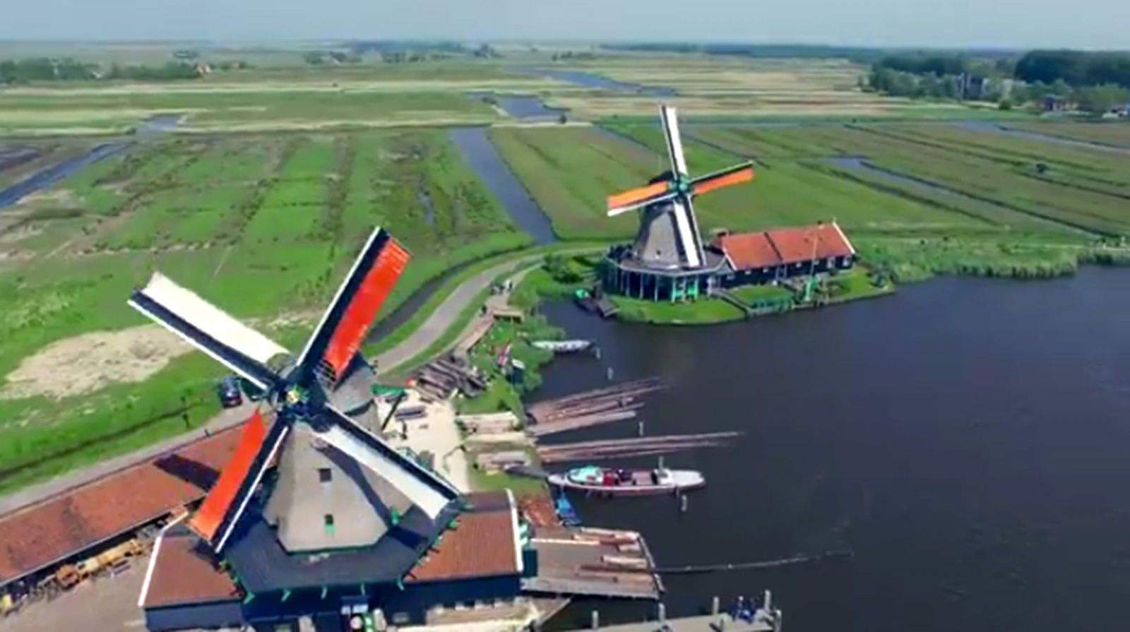 Windmills, especialy the ones near the Zaanse schans, look pretty when filmed from a drone.
