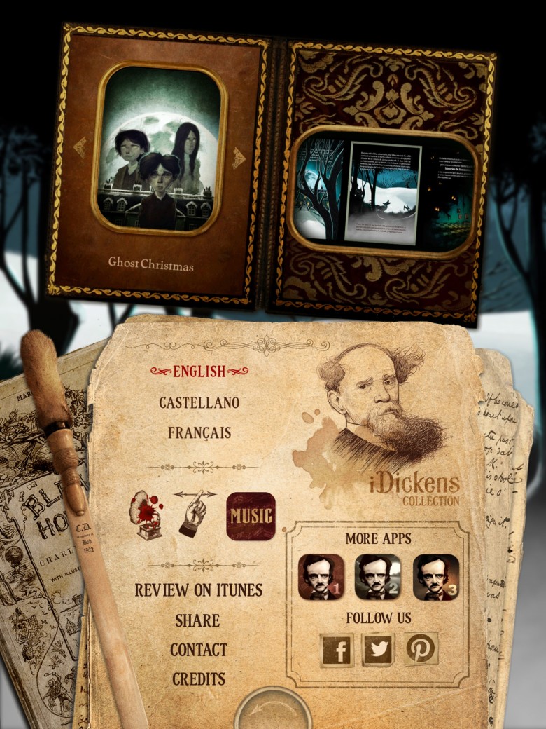Launch the iDickens app and see a title page that lets you select a story or return to the page where you stopped reading. 