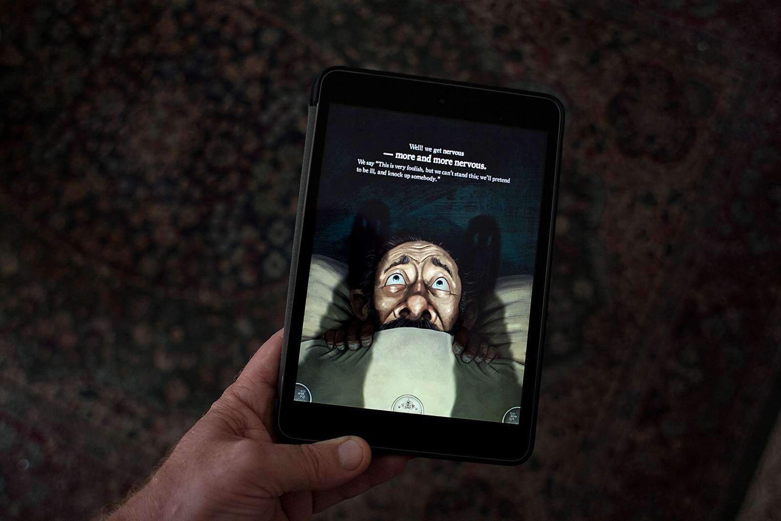Gently move the iPad and watch the frightened  Charles Dickens character  pull the covers tighter.