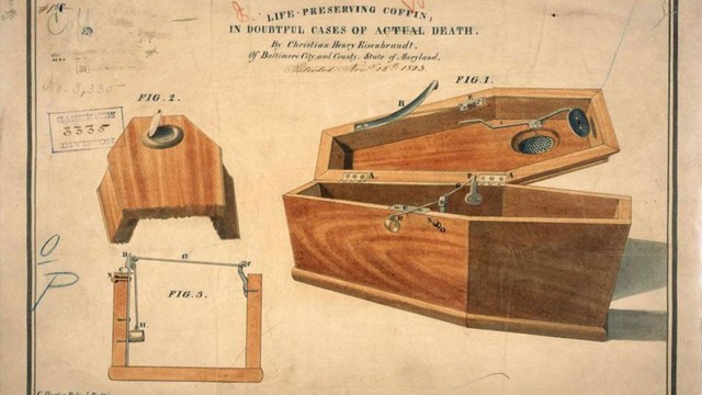 A coffin designed to make one last check to see if the person is indeed dead.