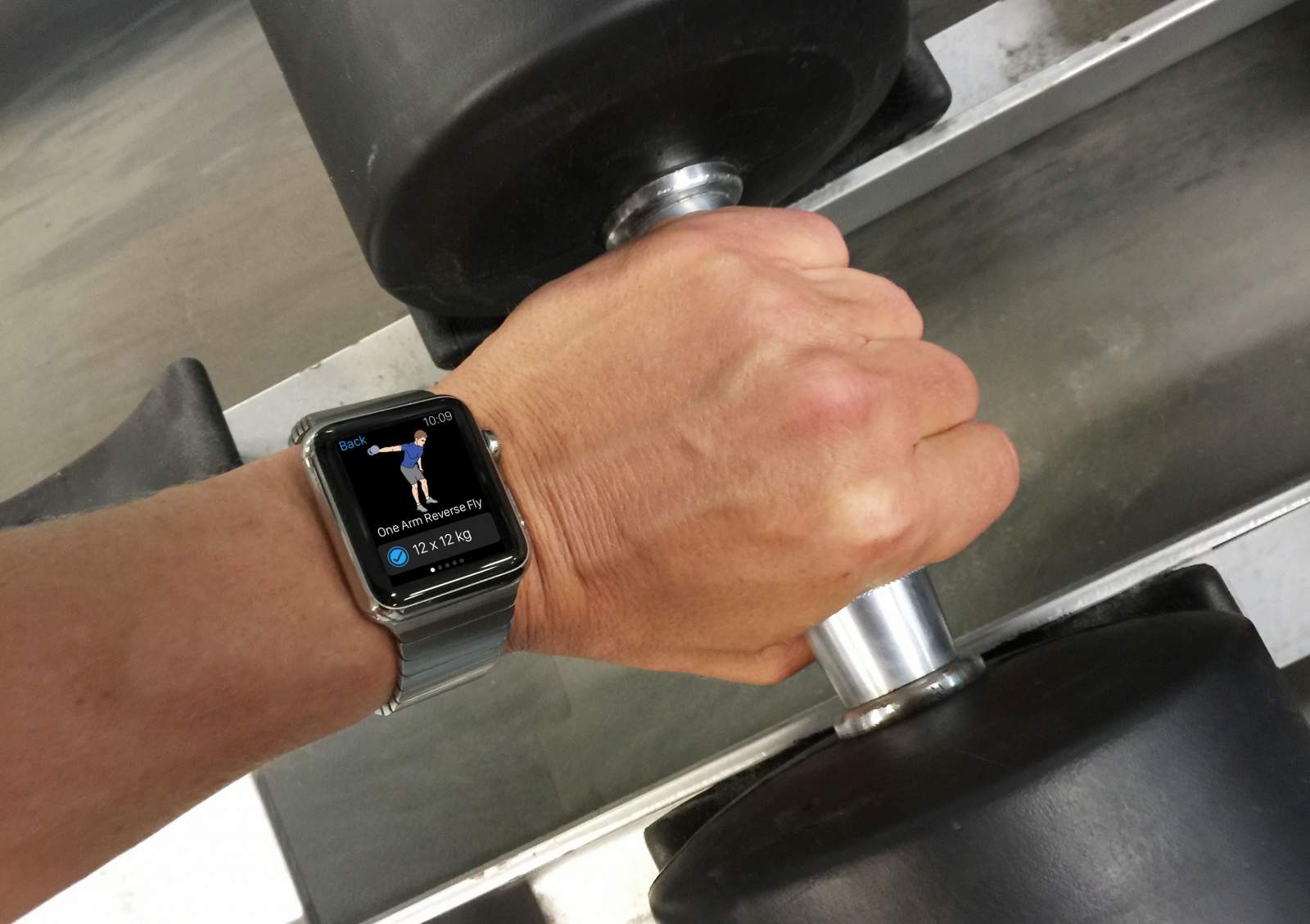Stainless steel Apple Watch meets pumping iron.