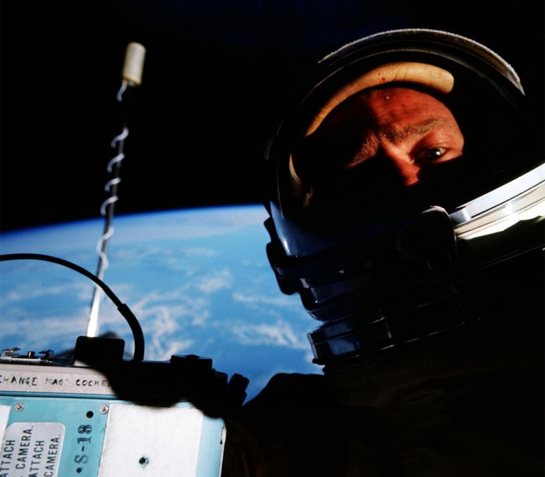 Buzz Aldrin took the first selfie from space in 1966 and then posted it to Twitter 48 years later.