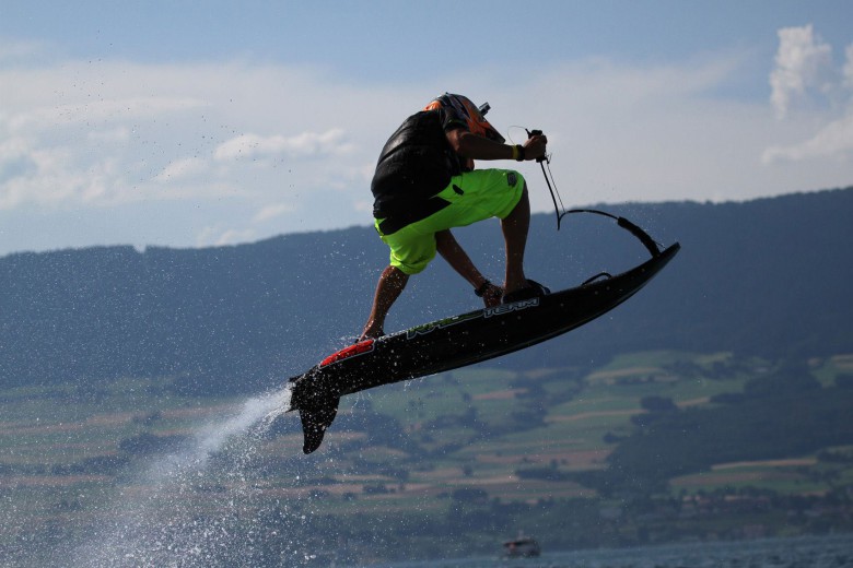 The JetSurf has a gas engine and provides about four hours of surfing on its battery.
