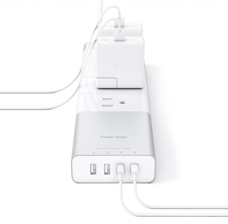 The power strip has four USB ports and four and four AC outlets. 