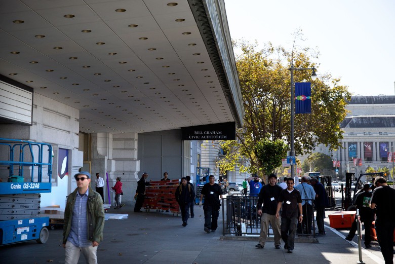 Preparations are afoot outside the Bill Graham Civic Auditorium.