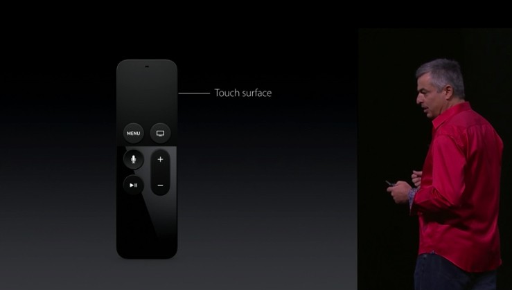 Eddy Cue shows off the innovative remote.