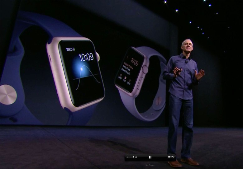 Jeff Williams, Apple's senior vice president of operations, shows off new versions of Apple Watch coming soon.