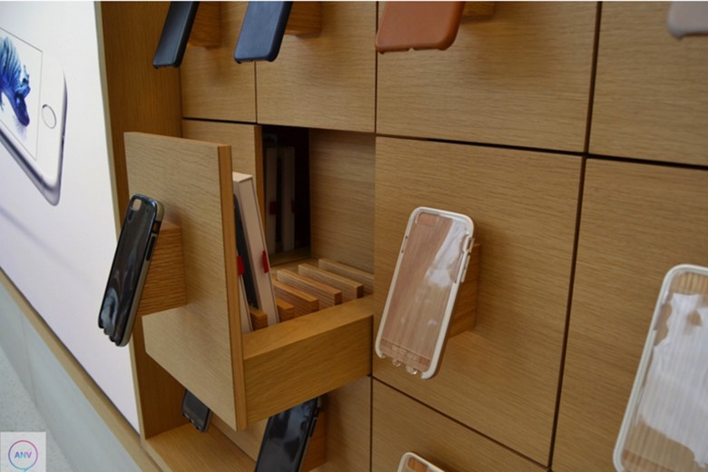 Wooden draws store products but also serve to keep packaging out of sight. 