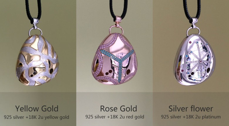Some of the higher-end Miragii pendants in gold and silver. 
