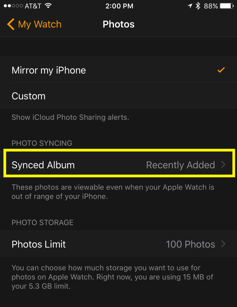 Tell your Apple Watch which album to sync here. 