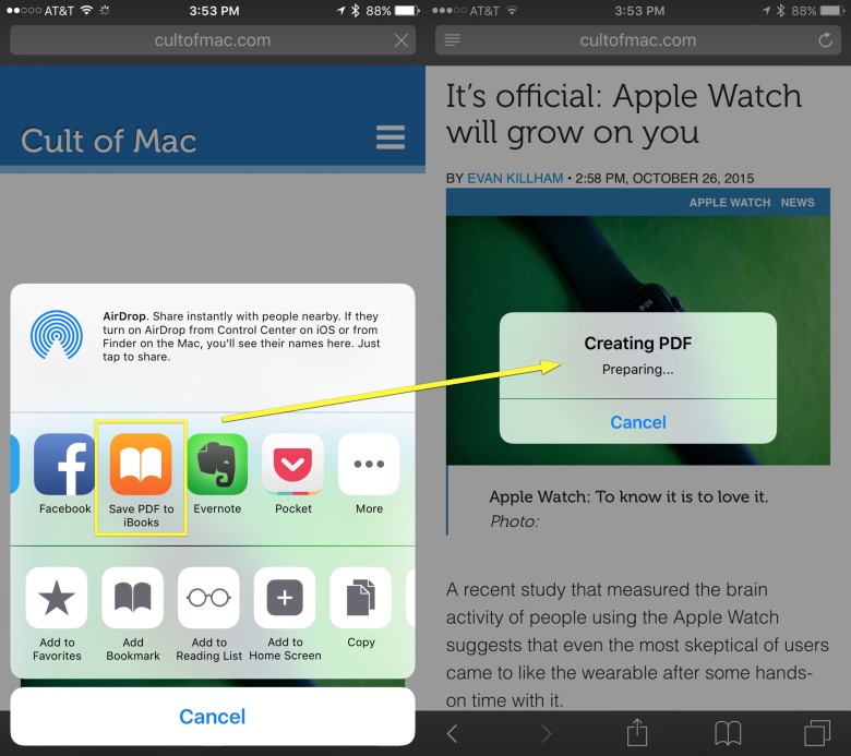 New Share option for iOS 9 lets you create PDFS from any web page. 