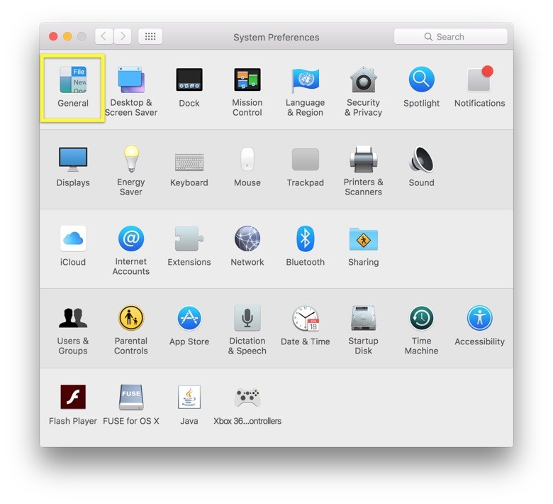 General is at the top left of the System Prefs window.