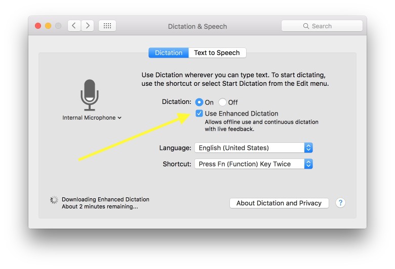 Enhanced dictation Be sure to check this box.