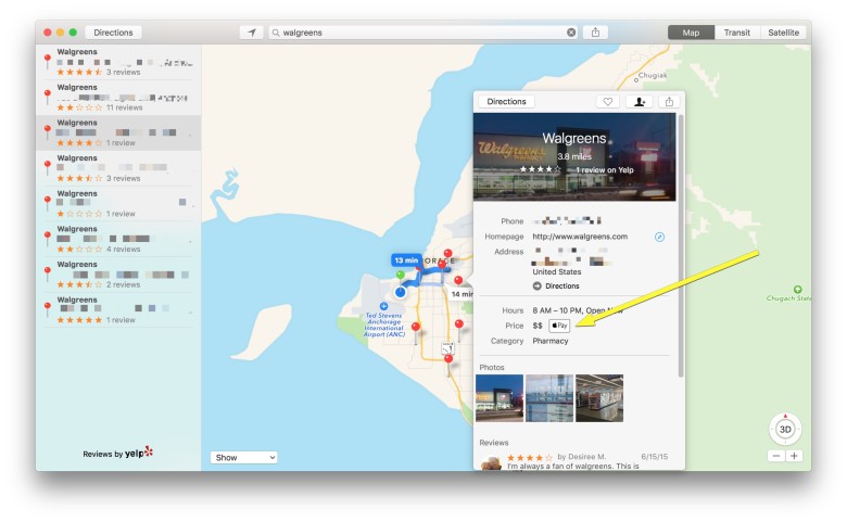 OS X Maps lets you see Apple Pay information easily.