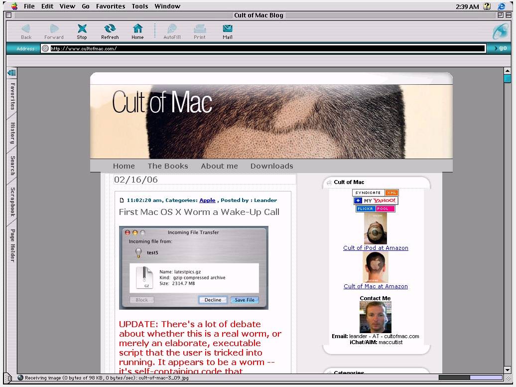 Cult of Mac as it appeared on IE for Mac 5.1.7 in 2007. Look at how cute Leander was back then!