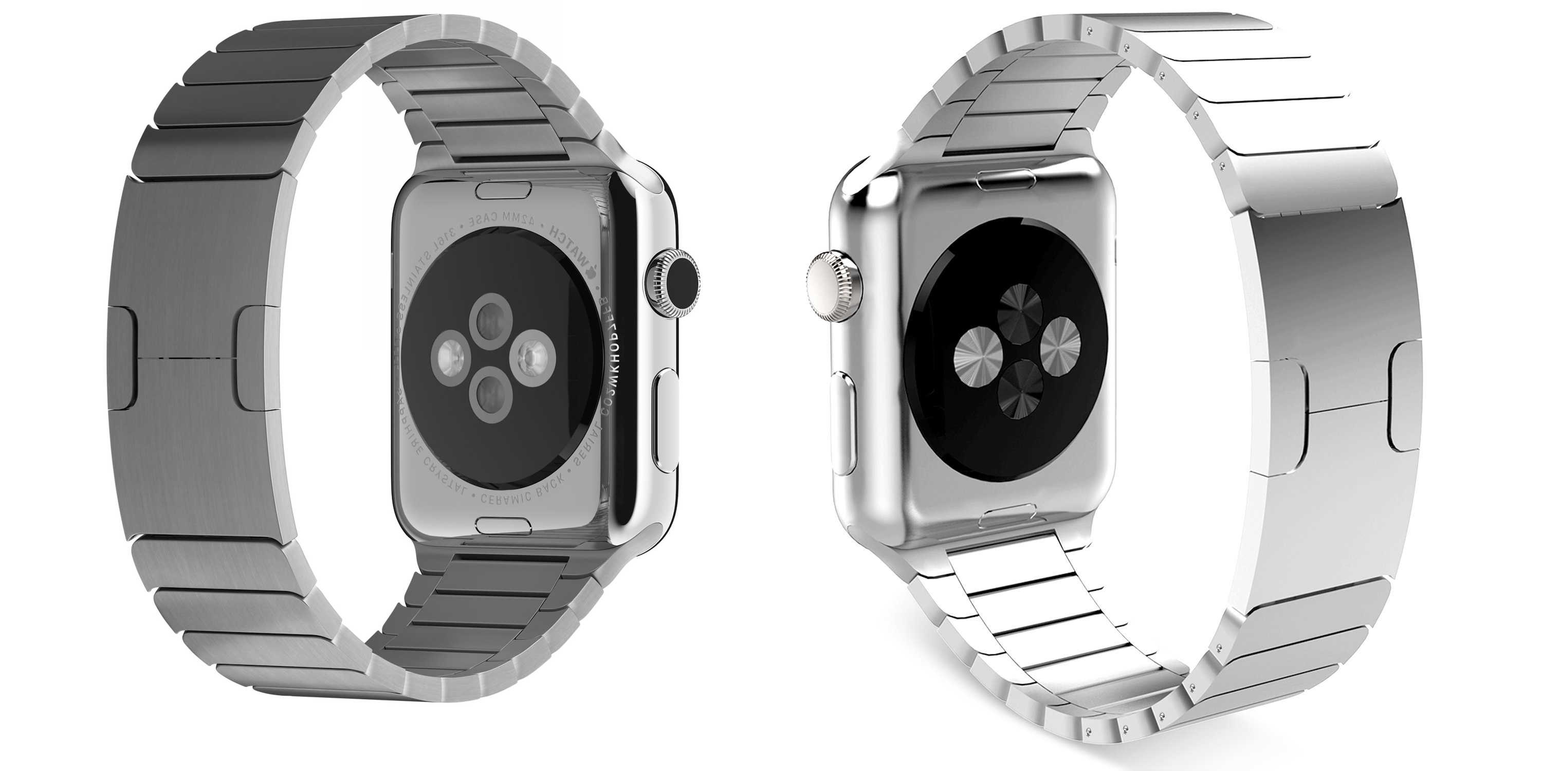 Spot the difference. On the left is Apple's $450 Link Bracelet for Apple Watch. On the right, a $90 knockoff that gets 4.5 stars on Amazon.