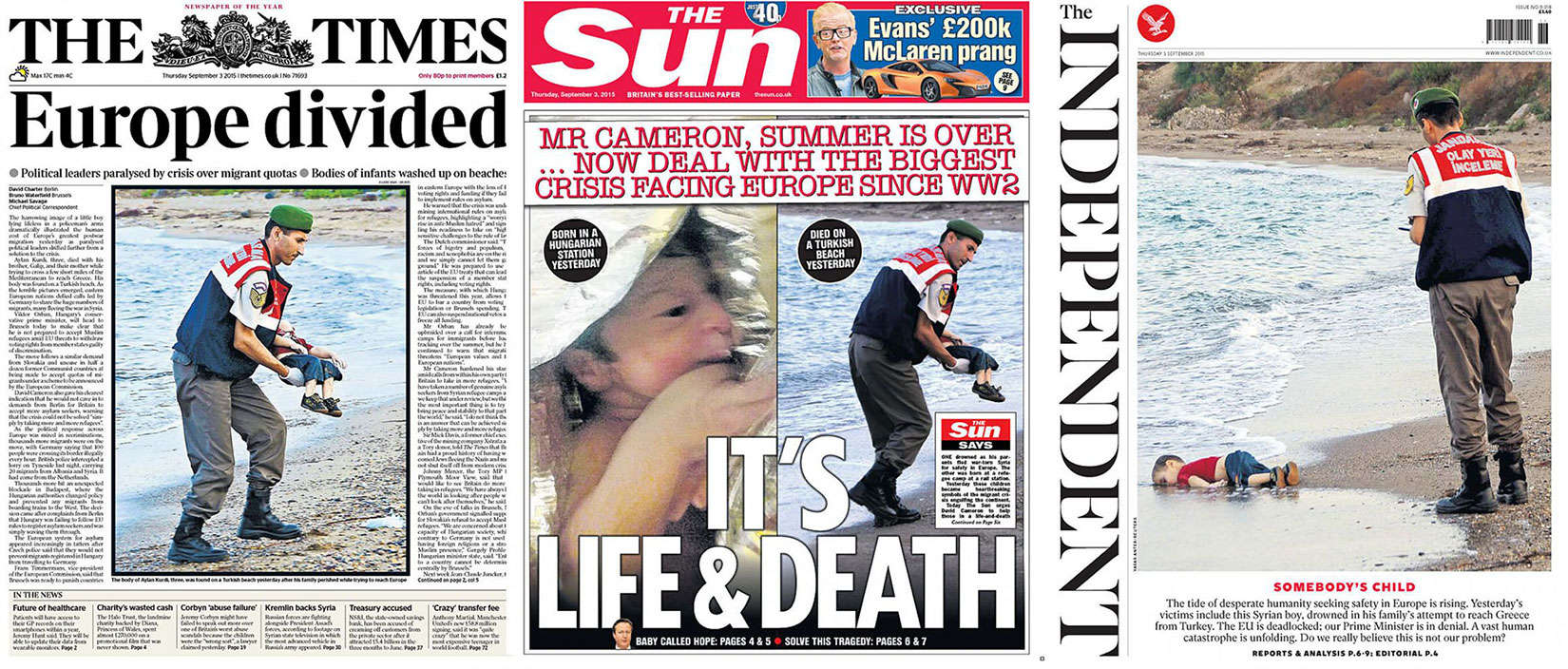 Three front pages from British newspapers showing photos of Aylan Al-Kurdi, 3. 