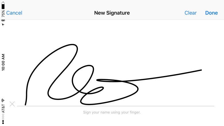 Scrawl signature Your finger will work just fine here.
